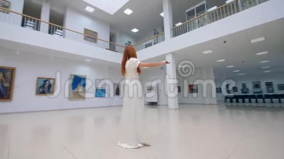 穿白色连衣裙的职业音乐家在博物馆里用绘画演奏小提琴视频的预览图