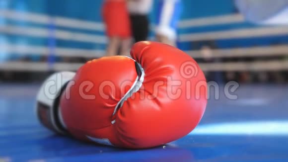 拳击手套躺在戒指里在背景中裁判的模糊宣布了战斗的开始视频的预览图