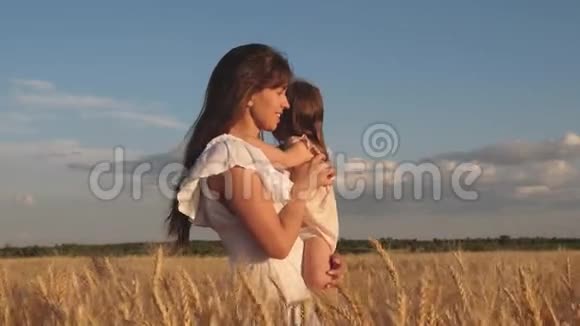 母亲带着婴儿在田里散步手里拿着小麦的小穗小女儿在麦田里吻妈妈视频的预览图