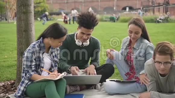 美国多种族四人交谈使用电脑工作坐在公园里视频的预览图