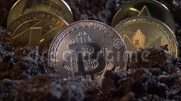银比特币加密货币硬币在泥土地与其他在后面莱特币涟漪莫奈以太坊币数字化视频的预览图