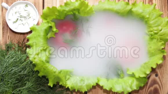 菜上装饰着生菜西红柿黄瓜和萝卜莳萝覆盖着晨雾晨风视频的预览图