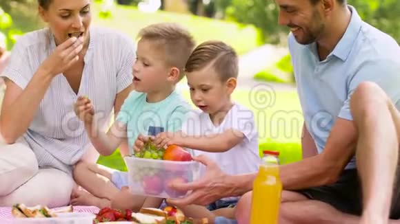 快乐的一家人在公园野餐时吃水果视频的预览图