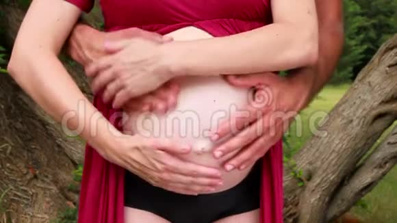 心脏形状的怀孕未来父母的手拥抱拥抱和抚摸怀孕的肚子并在肚子上制作心脏符号视频的预览图