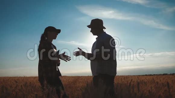 农场主在收获的时候与麦田握手组队的农场主站在麦田里手里拿着麦片合伙企业视频的预览图
