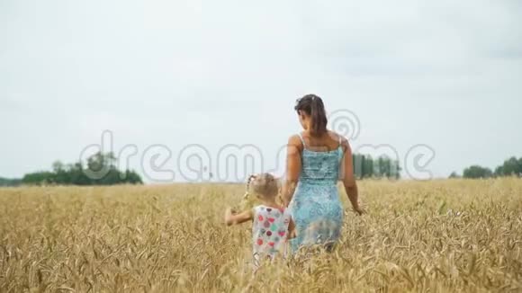 小女孩和妈妈在金色麦田视频的预览图