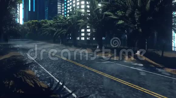 未来派科幻飞车飞越夜湿公路穿越夜城未来的概念视频的预览图