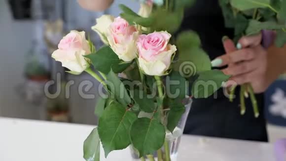 女职业花店把玫瑰放在花瓶上双手特写视频的预览图