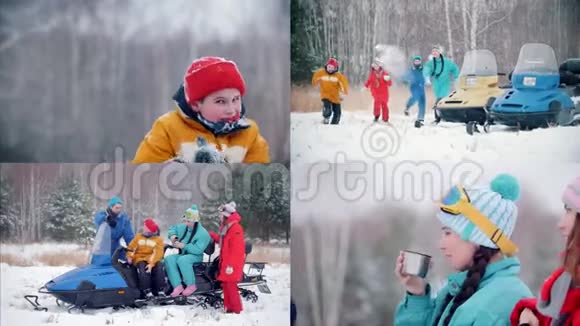 4在冬季森林里年轻的家庭玩得开心坐在雪地摩托上视频的预览图