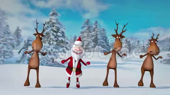 有趣的疯狂圣诞老人和德尔斯正在圣诞冬林里跳舞圣诞节和新年的概念无缝回路视频的预览图