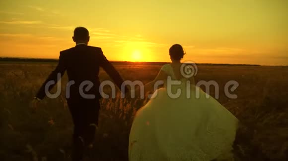 在蜜月旅行中恋爱的情侣新郎新娘慢动作恋爱中的情侣牵着手走向日落快乐的男人视频的预览图
