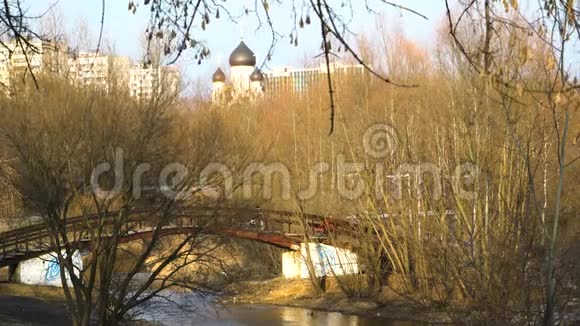 秋天的公园和河上的桥视频的预览图