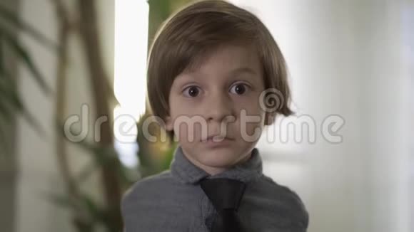 一幅可爱的严肃的小男孩的画像脖子上系着黑色领带两臂撑在窗前视频的预览图
