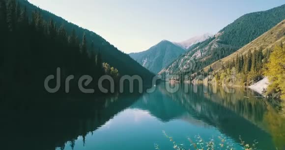 山湖美景翡翠水绕针叶林秋草与过云视频的预览图