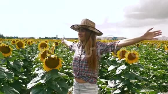 快乐的农夫女孩拥抱向日葵种植园视频的预览图