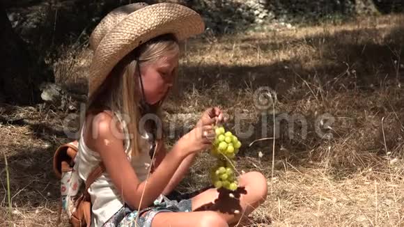 小孩吃葡萄饥饿的游客小女孩在橄榄园吃水果视频的预览图