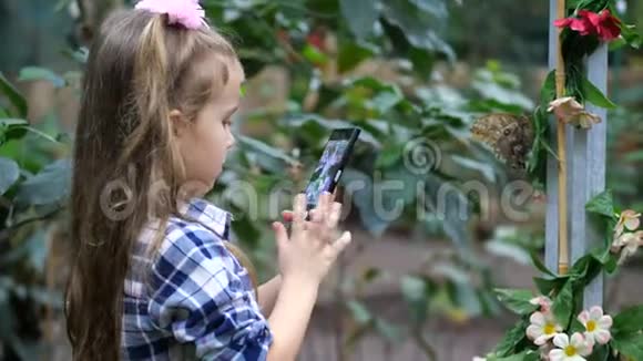 一个小女孩在电话里拍了一只蝴蝶4K慢慢视频的预览图