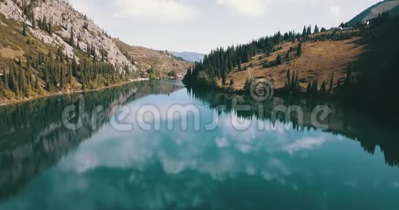 山湖美景翡翠水绕针叶林秋草与过云视频的预览图