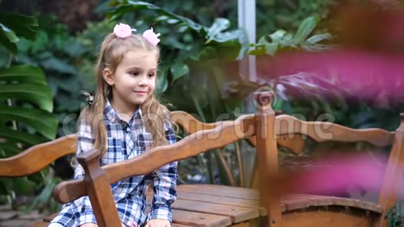 精彩的视频一个迷人的女孩坐在桥上一只蝴蝶在她的肩膀上飞翔4K慢慢视频的预览图