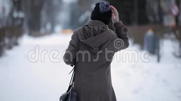 女子沿冬城小巷离去后景视频的预览图