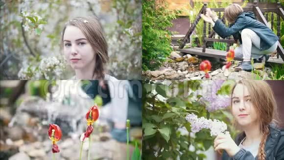 在美丽的花朵中花园里的年轻女子视频的预览图