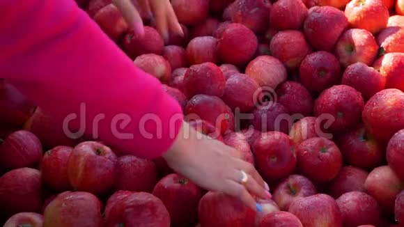 接近妇女在市场购买新鲜苹果视频的预览图
