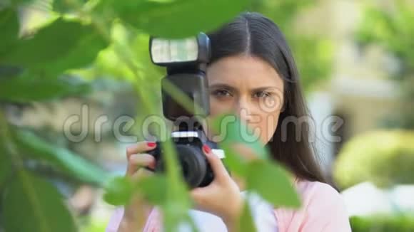 女记者拿着相机躲在树后寻找感觉视频的预览图