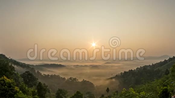 山谷中森林上空的雾强风吹过雾逐渐消失早上9点太阳会升得更高视频的预览图
