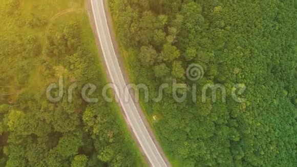 飞越无人机视野一辆白色卡车正沿着高速公路行驶在山区茂密的森林中4K视频的预览图