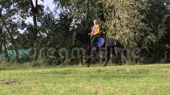 一位身穿黄色夹克衫的金发美女骑着马在一片新修剪的田野上视频的预览图