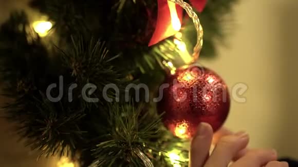 女人的手触摸挂在树上的红色圣诞玩具紧紧地视频的预览图