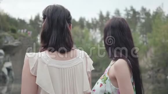 两个可爱的年轻女人穿着夏装站在岩石的顶部看着令人惊叹的自然景观很漂亮视频的预览图
