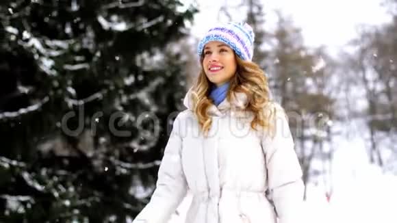 快乐微笑的女人在冬季公园散步视频的预览图