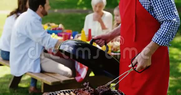 在公园烧烤准备食物的老人视频的预览图