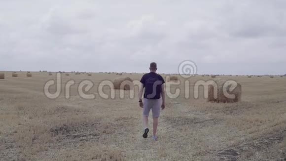 旅行者在田野上的干草堆里视频的预览图