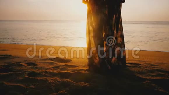 史诗般的后景拍摄的年轻快乐的女人穿着夏装走到水边在令人惊叹的金色日落海洋海滩视频的预览图