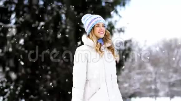 快乐微笑的女人在冬季公园散步视频的预览图
