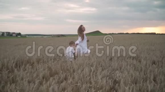 母子两人在金色麦田上奔跑牵着手母观念幸福家庭慢动作视频的预览图