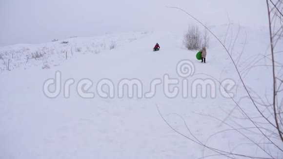 孩子们骑着雪橇从雪山上骑女孩在圣诞节假期在公园里玩冬天孩子们从高处滑过视频的预览图