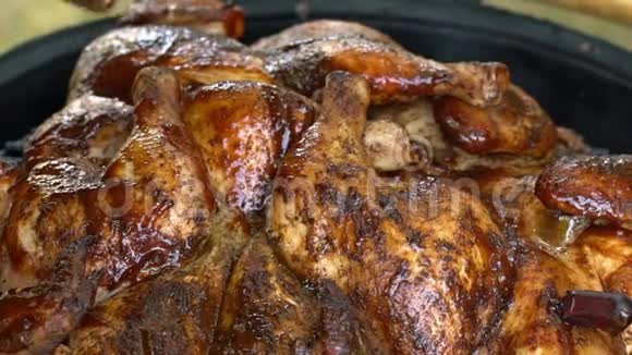 辛辣的家禽和刷子在肉上涂上香料烤鸡慢动作视频的预览图