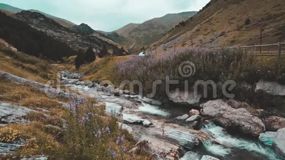 西班牙比利牛斯山脉的高山水流呈茶色和橙色风格视频的预览图