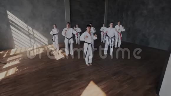 武术团体训练战斗姿势好战勇敢的男女青少年练习战斗技术他们的表演视频的预览图