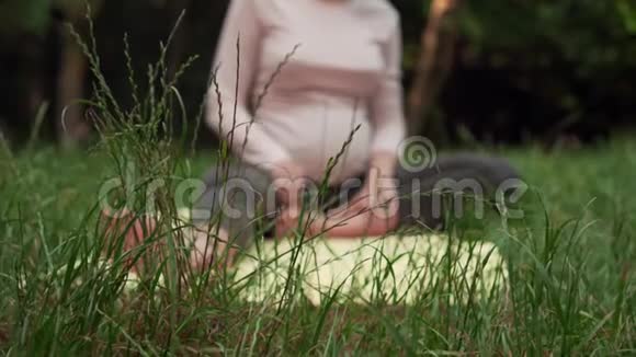 孕妇在公园的地毯上做瑜伽摆出一个姿势视频的预览图