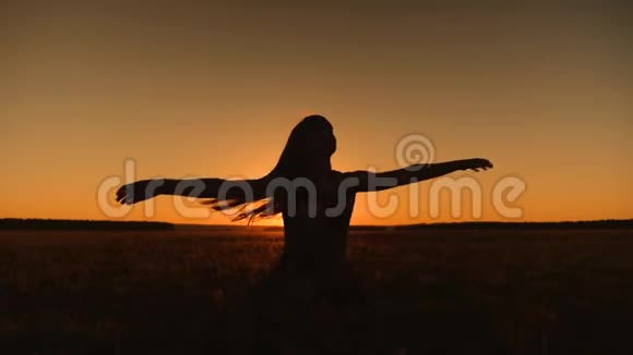 长着蓬乱头发的姑娘的剪影在夕阳和微笑的照耀下飞舞自由和浪漫视频的预览图