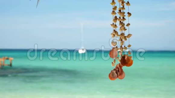 在泰国美丽的海滩上一只贝壳手机随风摇摆视频的预览图