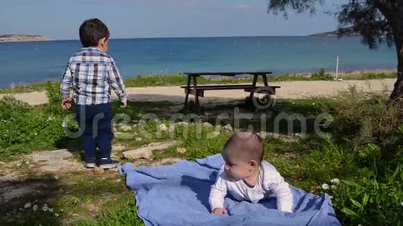 可爱的两岁男孩收集石头而他的弟弟正在树下肚子里视频的预览图