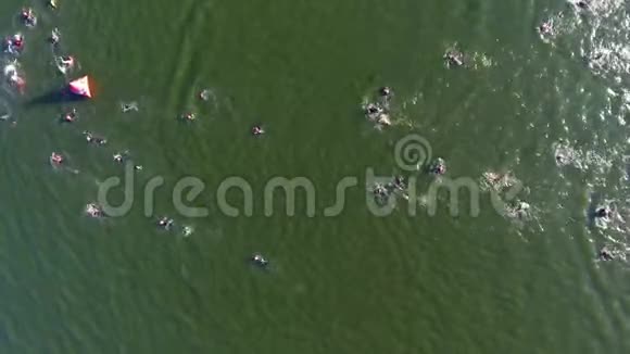 铁人三项游泳运动员在空中自上而下绕过漂浮在水面上的红色浮标视频的预览图