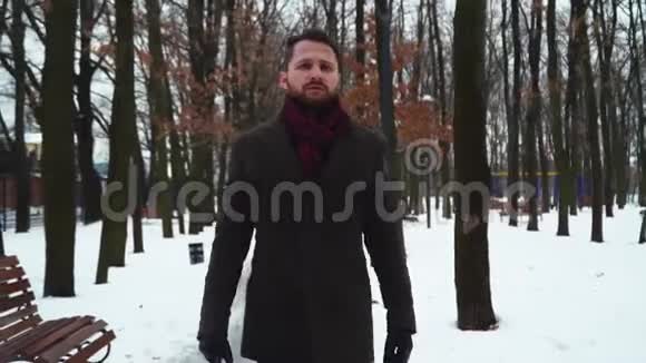 穿着外套的英俊留胡子的冬天的公园里散步户外穿暖和礼服的绅士视频的预览图