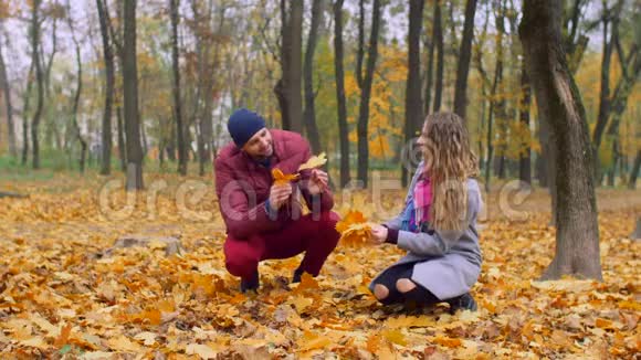 在公园收集秋叶的浪漫情侣视频的预览图
