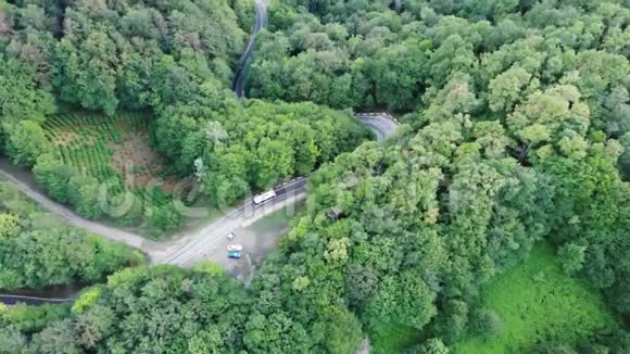 空中无人机景在日落柔和的灯光下飞越松树森林和乡村道路背景山脉视频的预览图